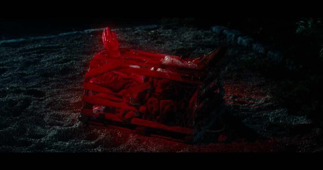 A hastily constructed wooden cage is situated on a bed of shale and radiates a glowing red light on a dark night. Portruding through the wood are mangled and bloody body parts that look eerily real.